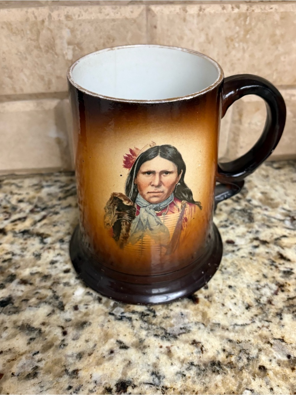 Brown Gradient Ceramic Mug with Native Portrait Artwork